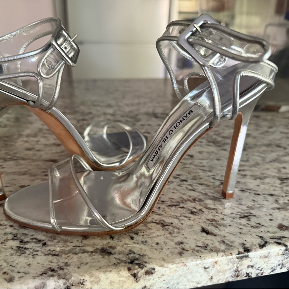 Manolo Blahnik Shimmering Silver Strappy Heels